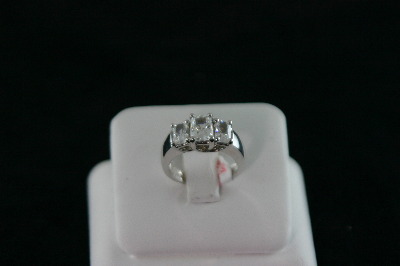 14KT White Gold 3 Stone Emerald Cut Cubic Ring