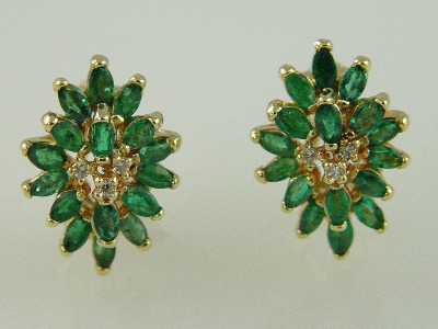 14KT Y/G Marquise Emeralds 3.75ct Diamond 0.15ct Omega Clip earring