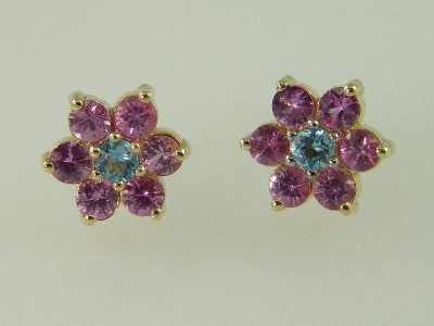14KT Y/G Pink Sapphire 2.16ct Blue Topez 0.41ct Flower Design Stud