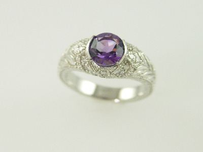 14KT White Gold Filigree Amethyst 1.08ct Diamonds 0.20ct Ring