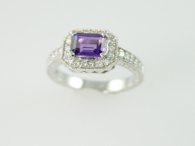 14KT White Gold Filigree Emerald Cut Amethyst 0.96ct Diamond 0.35ct Ring