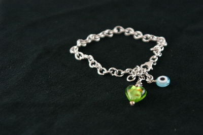 Silver Bracelet 11gr with one Green Murano Glass Heart & Evil Eye