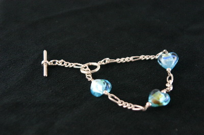 Silver Bracelet 10 gr with 3 Blue Murano Glass Hearts and Toggle