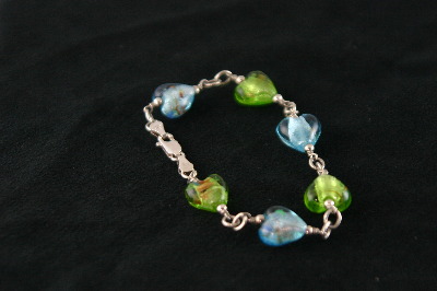 Silver Bracelet 11.5gr with 3 Blue and 3-green Murano Glass Hearts