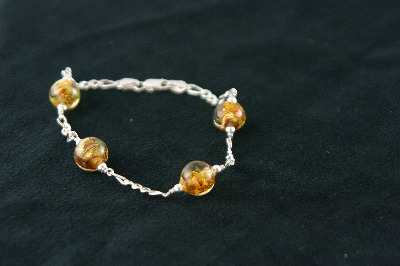 Silver Bracelet 7.6gr with 4 Round Citrene Murano Glass Beads