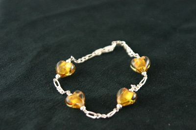 Silver Bracelet 8.1gr with 4 Citrene Murano Glass Hearts