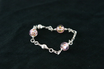 Silver Bracelet 7.7gr with 4 Round Pink Murano Glass Beads