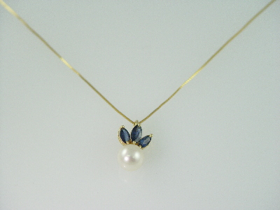 14KT Y/G 8mm Round Cultured Pearl with 3 Marquise Sapphires 0.60ct Pendant