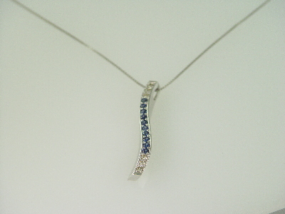 14KT White Gold Diamond 0.20ct Sapphire 0.65ct Wavy Bar Pendant