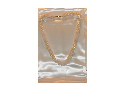 18" 5 Stramd Rice Pearl and 14kt Gold bead and Pink Quartz Necklace
