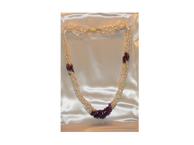 20" 5 Strand Rice Pearl and 14kt Gold Bead and Amethyst Bead Necklace