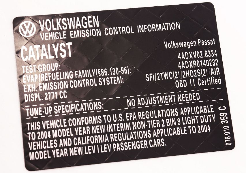 Vehicle Emission Information Sticker 2004 VW Passat 2.8 V6 078 010