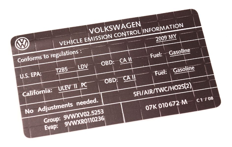 New Vehicle Emission Information Sticker 2009 VW Beetle 2.5 07K