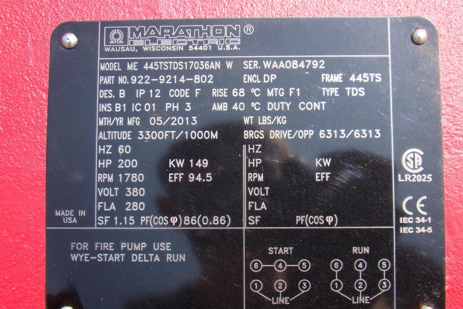 Marathon Electric Motor 200HP 1780RPM 380v 3PH ME 445TSTDS17036AN W