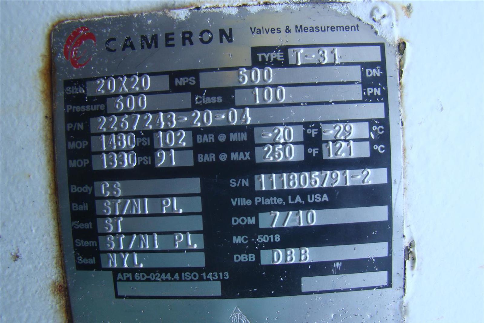 CAMERON BALL VALVE WITH GEAR ACTUATOR CLASS 100 20X20 TYPE T31