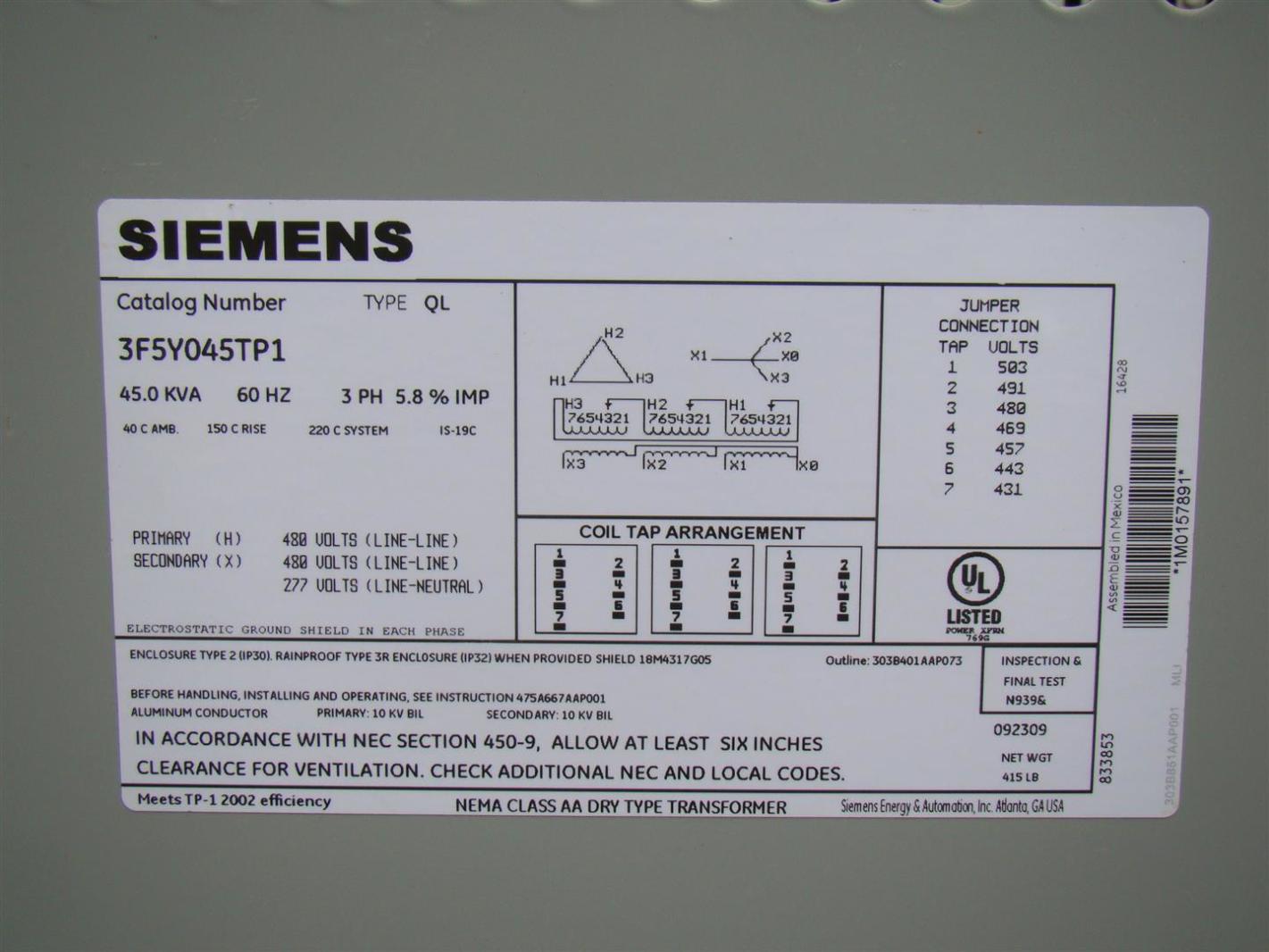 Siemens 3 Phase Transformer 480 x 480/277 Volt 45 KVA 3F5Y045TP1 eBay