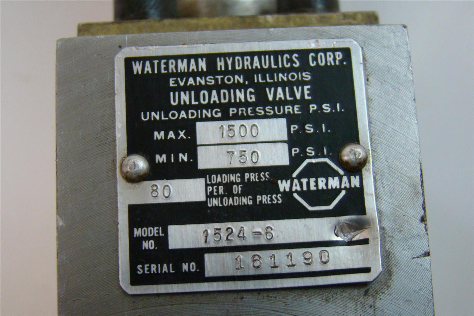Waterman Hydraulics Corp. Unloading Valve 80 loading Pressure max
