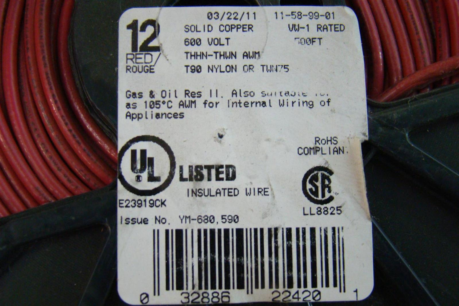 Copper Electrical Wire >> #12 Solid Copper 500FT Red Insulated Wire T90 Nylon TWN75 ... Copper Electrical Wire >> #12 Solid Copper 500FT Red Insulated Wire T90 Nylon TWN75 ...