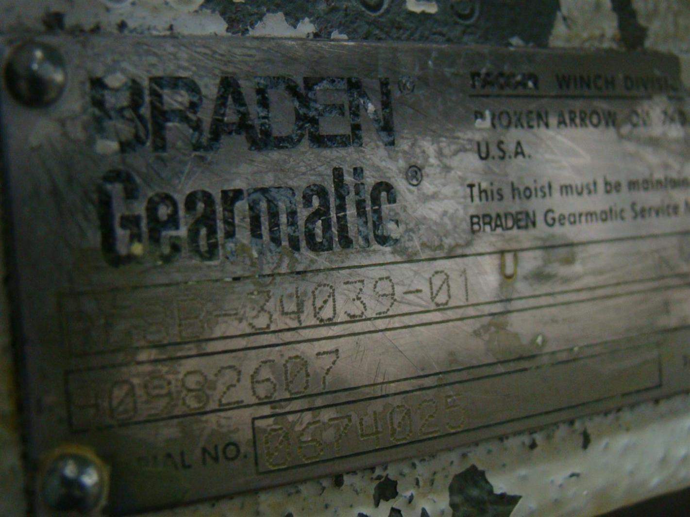 Braden Gearmatic Mobile Hydraulic Hoist Winch 8,000 LBS. BG8B3403901