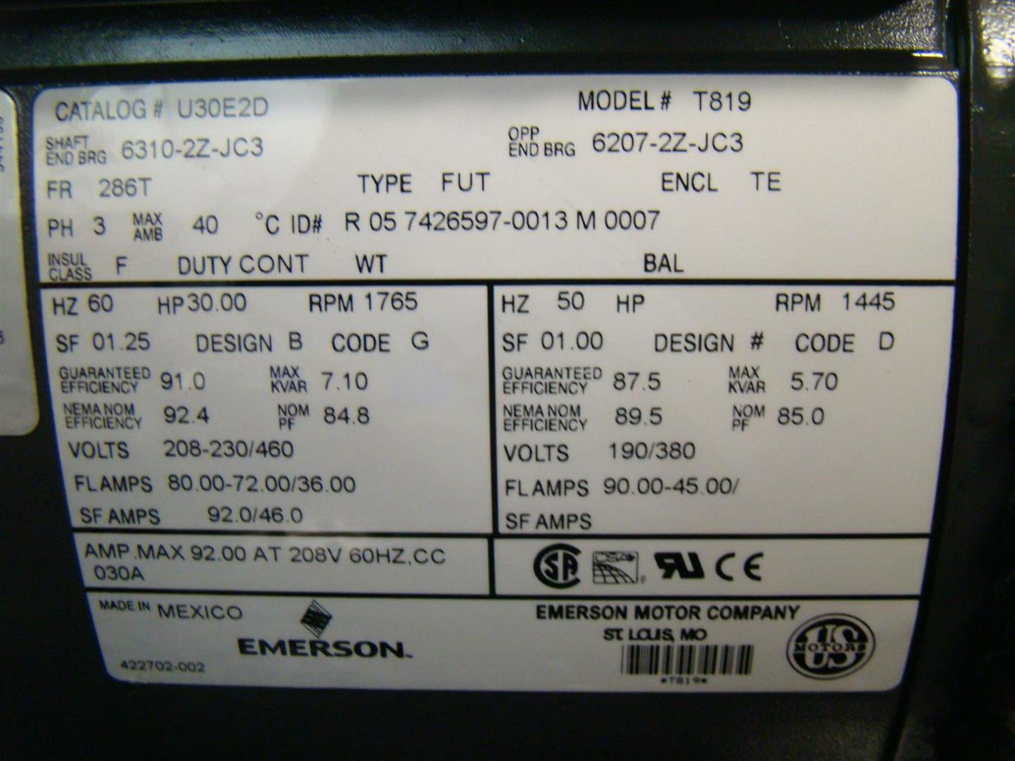 Emerson Electric 30hp Motor 1765RPM 208230/460v U30E2D T819 eBay