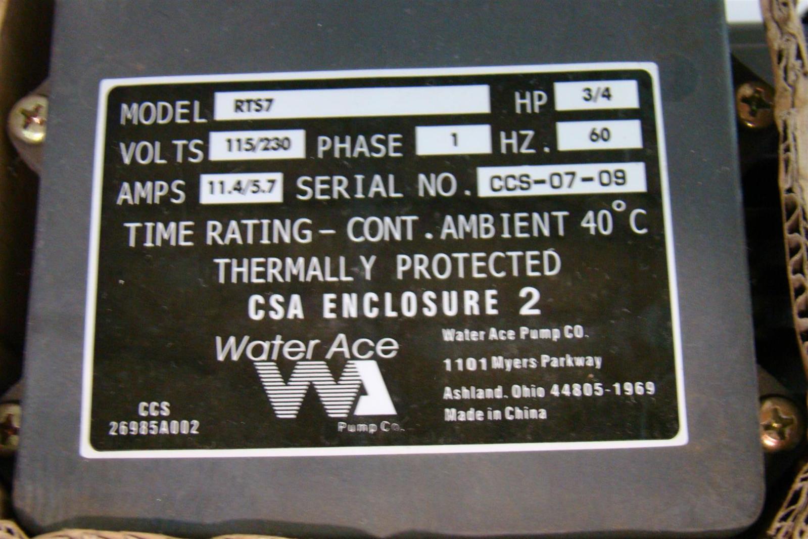 Water Ace Pump 115/230V 1PH 3/4HP 11.4/5.7Amps CCS0709 RTS7