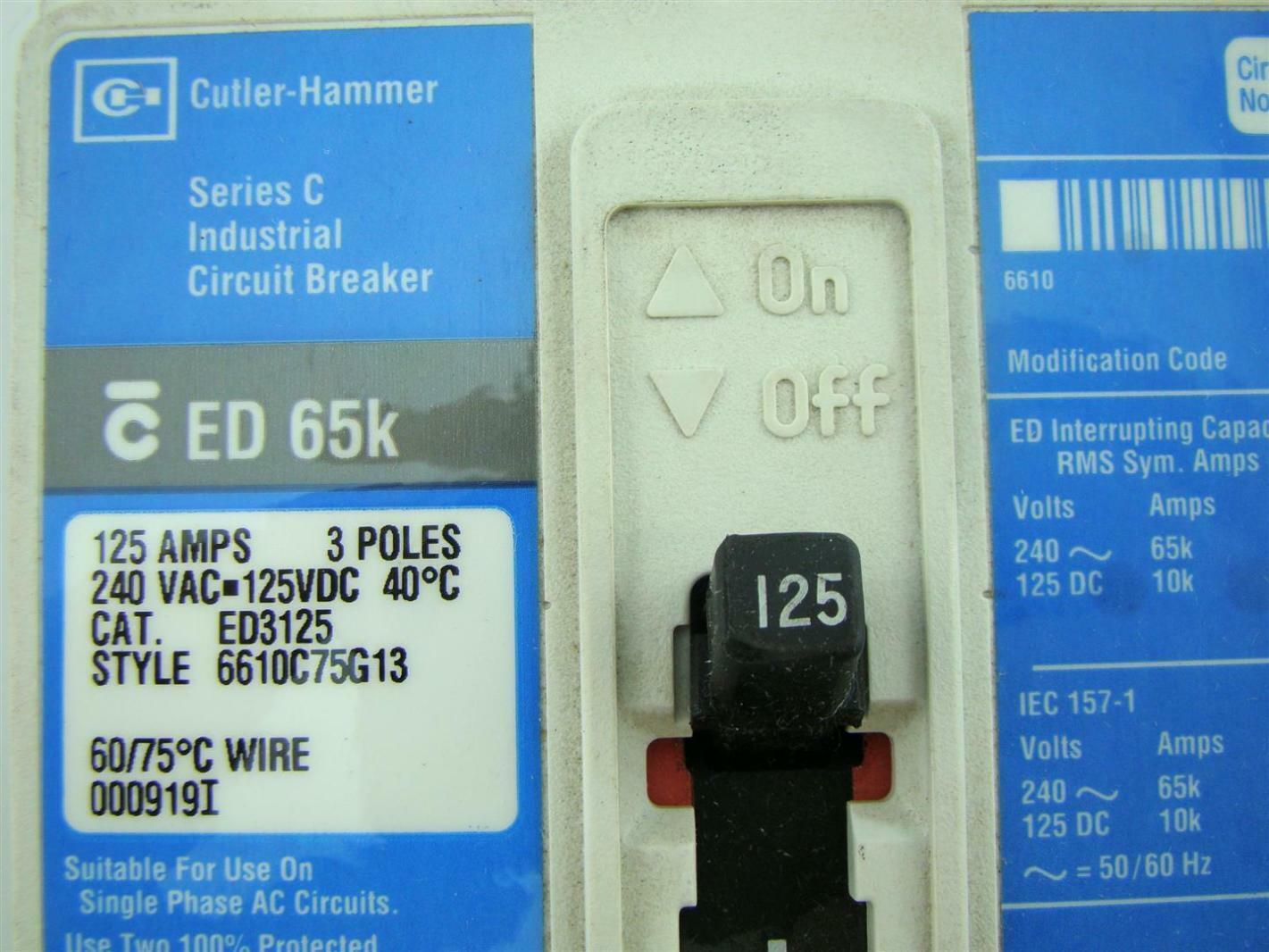CUTLER-HAMMER 3 POLE SER. C IND. CIRCUIT BREAKER 125 AMPS ED 65K ...