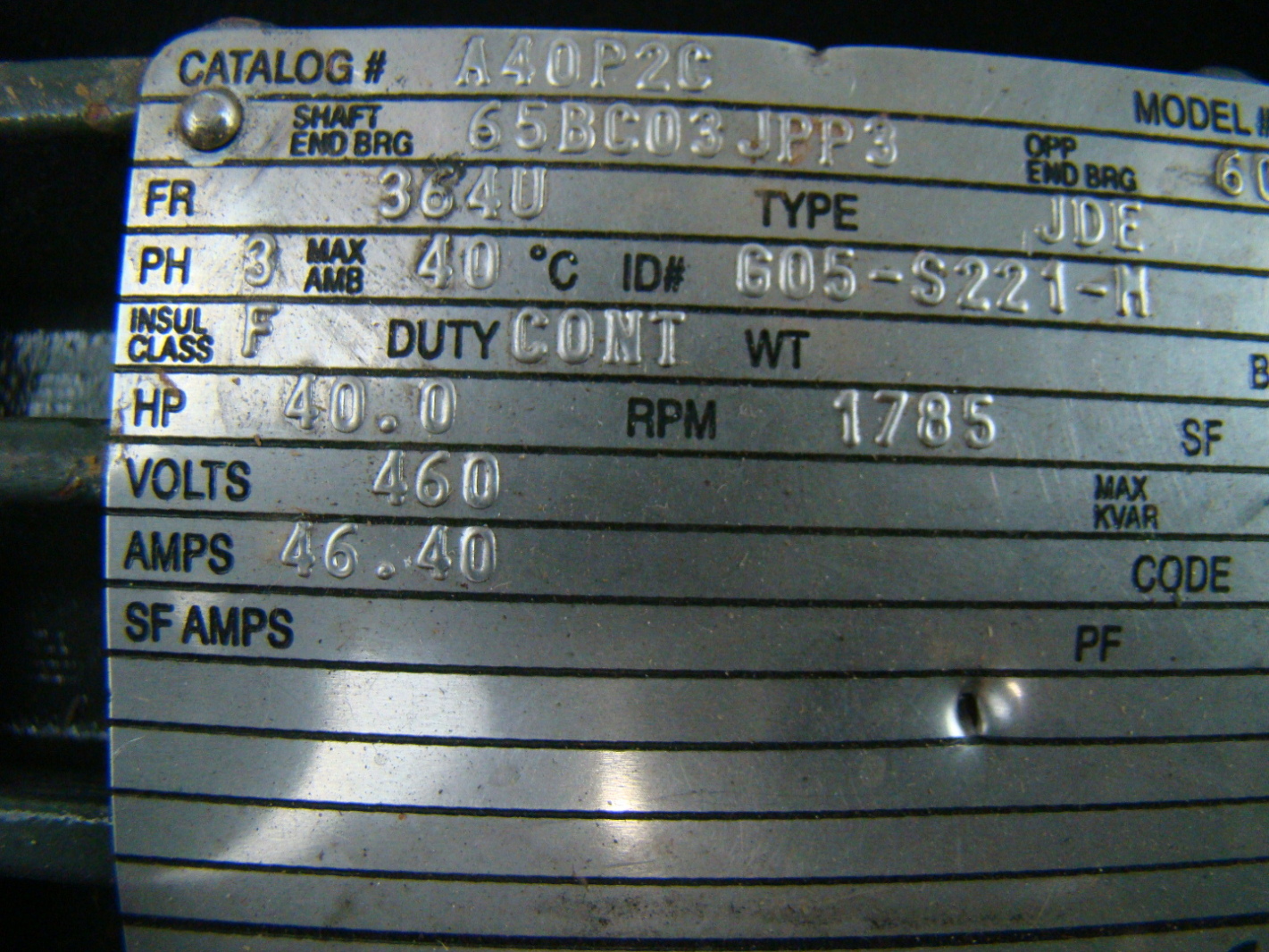 US Motors 3 Phase 1785 RPM 40 HP Electric Motor 460v A40P2C S221 eBay