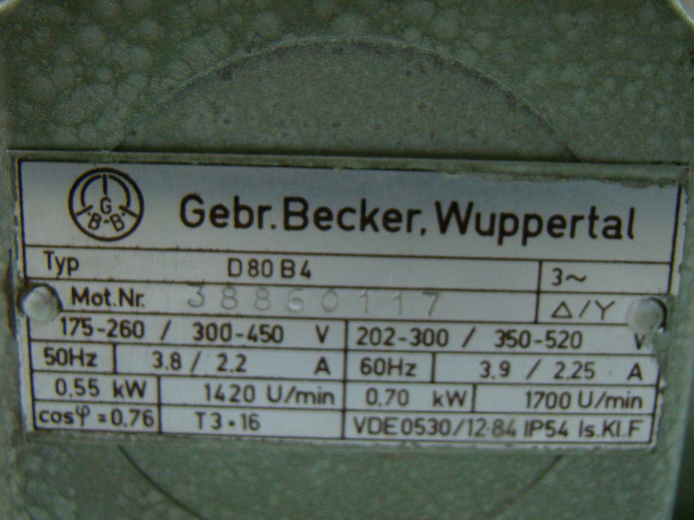 Gebr.Becker.Wuppertal Vacuum Pump D80B4 0.70kW 300450V 38860117