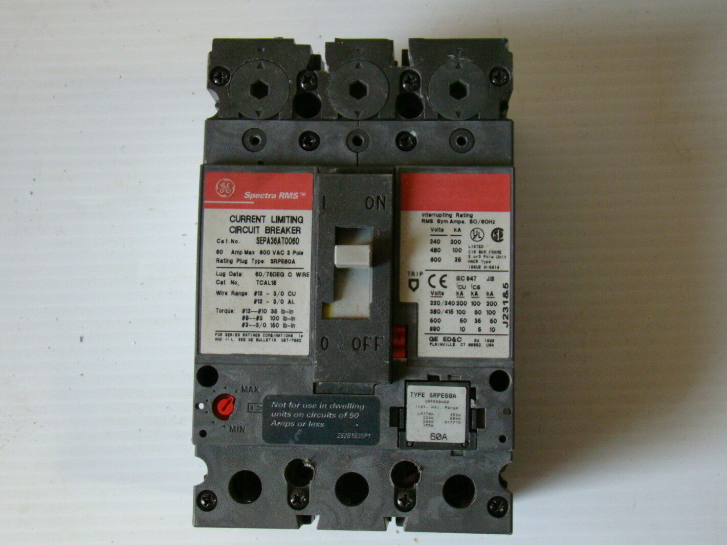 GE SPECTRA RMS,60A CURRENT LIMITING CIRCUIT BREAKER,SEPA36AT0060 eBay
