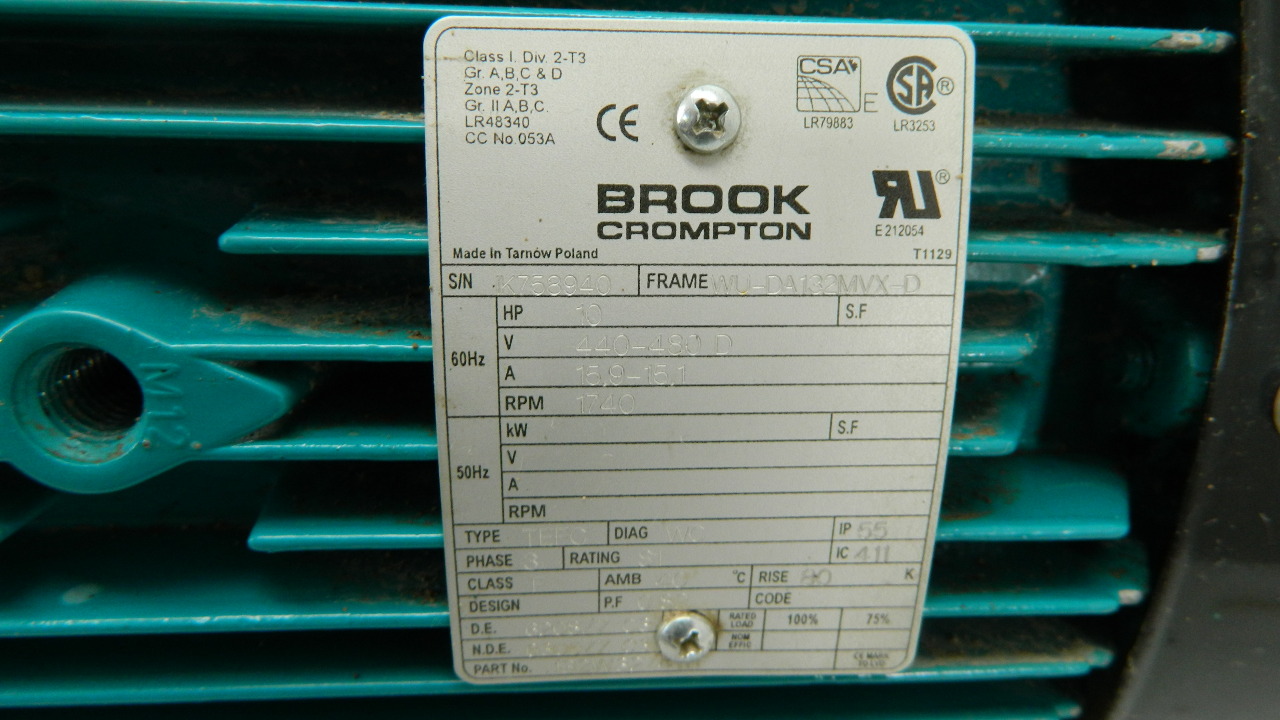 Brook Crompton 10HP Electric Motor 1740 RPM 480Vac 3 Ph TEFC WU