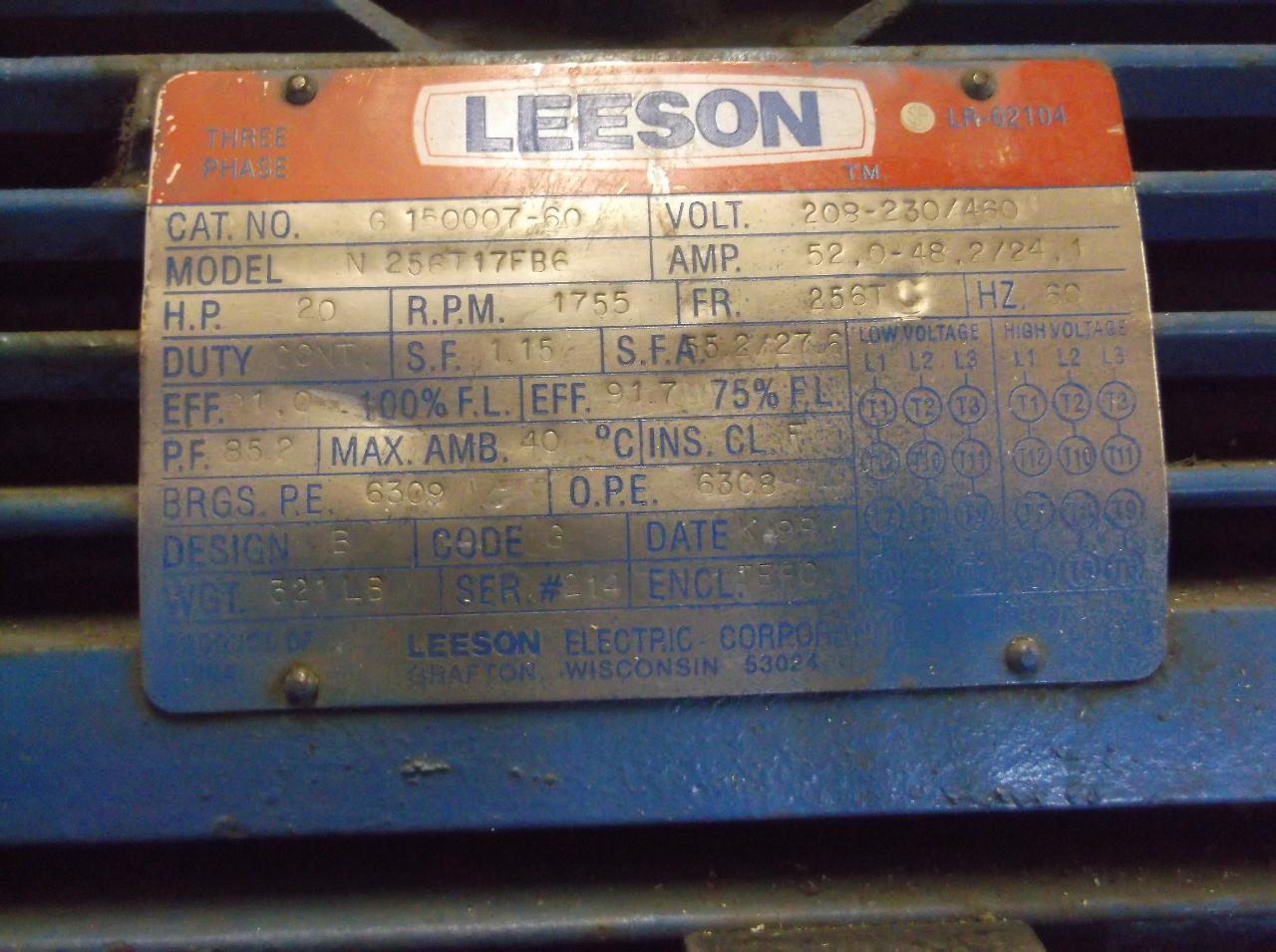 Leeson Model N256T17FB6 Electric Motor 20Hp 1755Rpm Daves Industrial