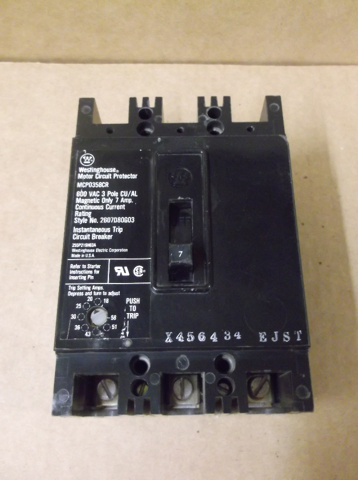 Westinghouse Type MCP 3 Pole 600VAC Motor Circuit Protector MCP0358CR