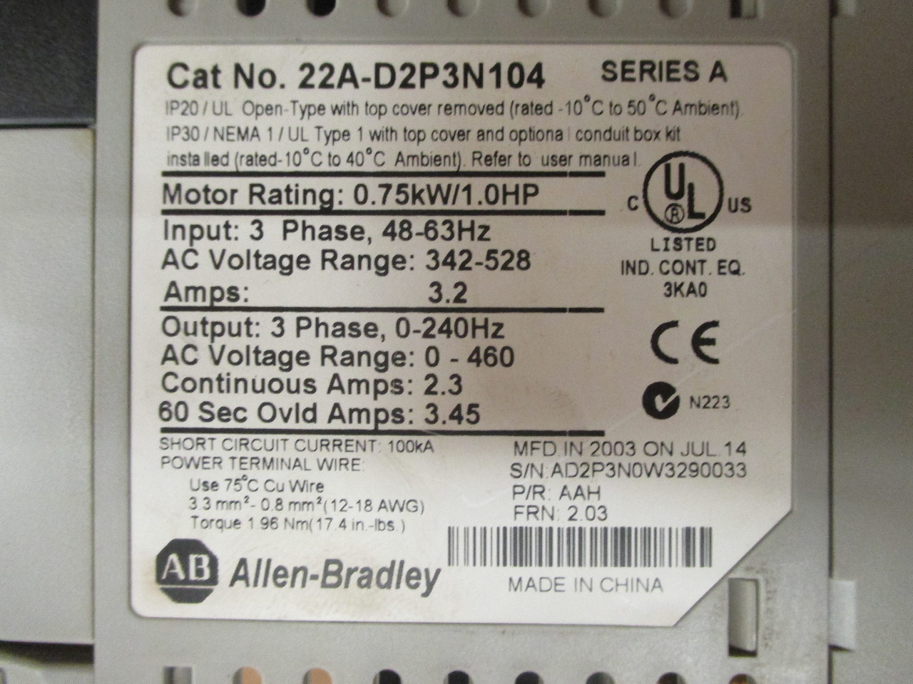 Allen Bradley Power Flex 4 Cat 22AD2P3N104 1HP AC Drive Daves