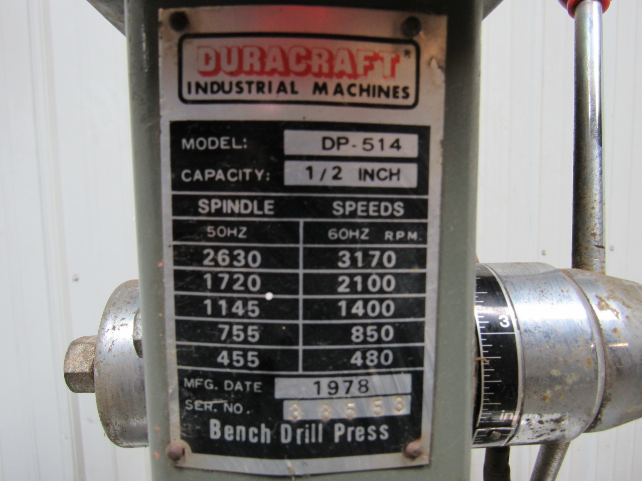 DURACRAFT DP514 1/2HP Benchtop Drill Press 1/2" Chuck 61/2" Throat