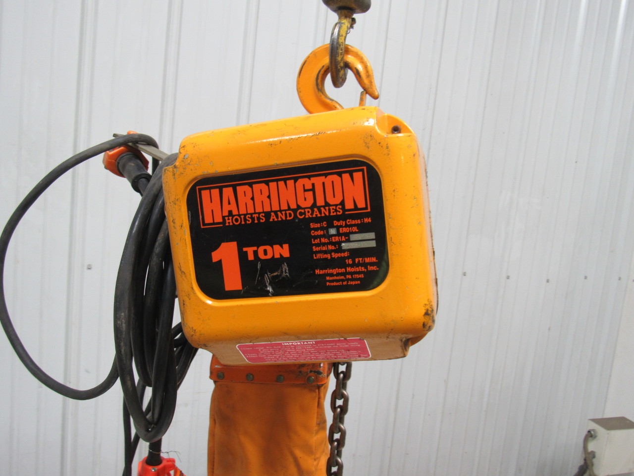 HARRINGTON NER010L 1 Ton Electric Chain Hoist 12'Lift16'FPM 230V 3Ph