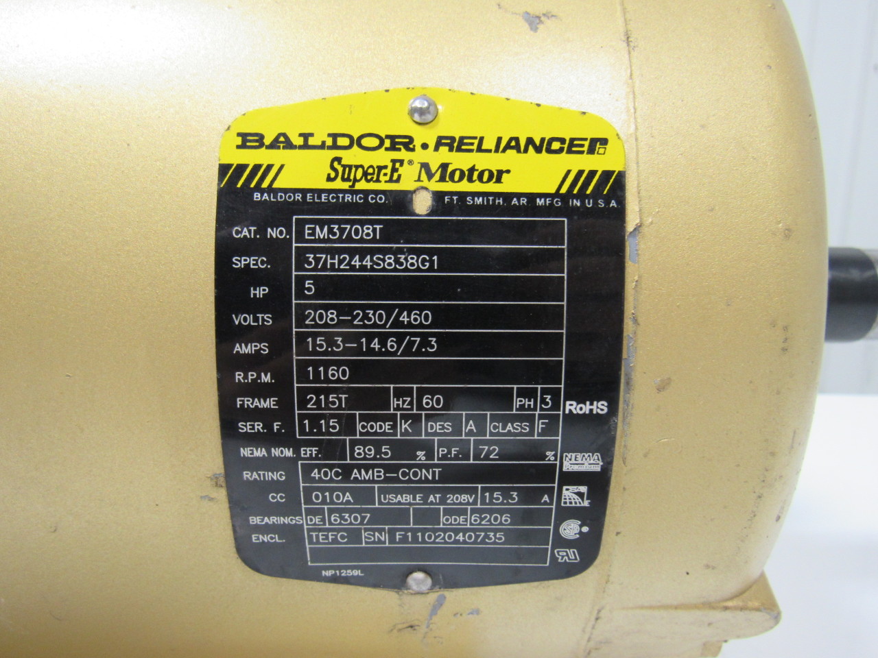 Baldor Em3708t 5hp Ac Motor 1160rpm 215t 60hz Tefc Super E