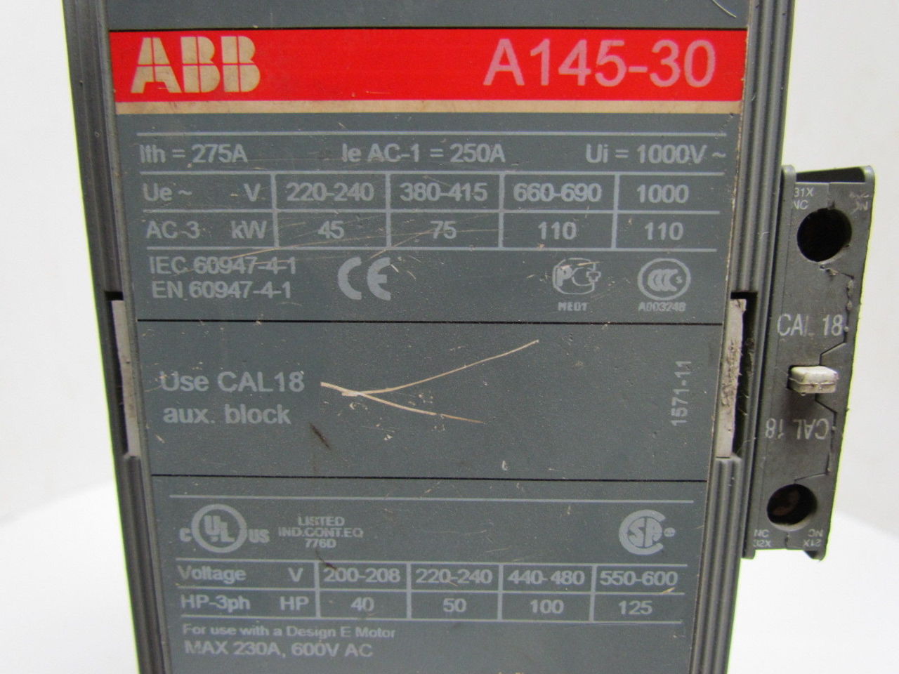 ABB A14530 NonReversing Motor Contactor 3pole 120V Coil w/TA200 DU