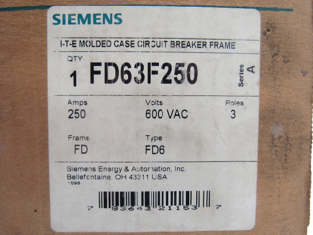 Disjoncteur Siemens Sentron FD63F250 250A 600V 3 Pôles - Neuf Dans Son Emballage (NIB)