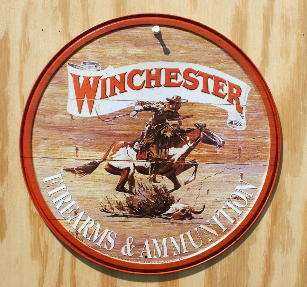 Winchester Firearms Ammo Round Tin Metal Sign Cowboy Western Rodeo