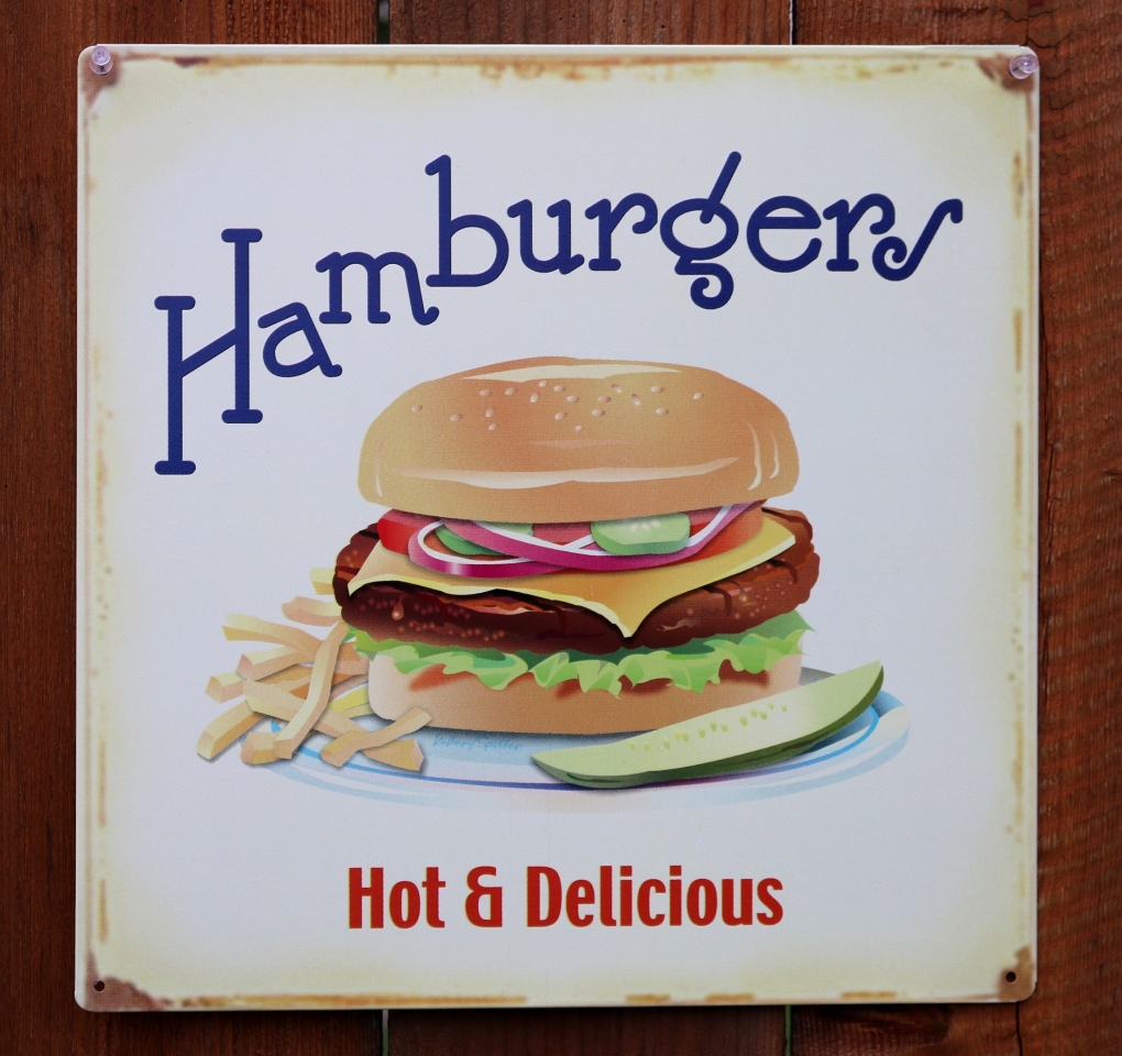 Hamburgers Hot & Delicious Tin Sign Burgers Fries Kitchen Diner