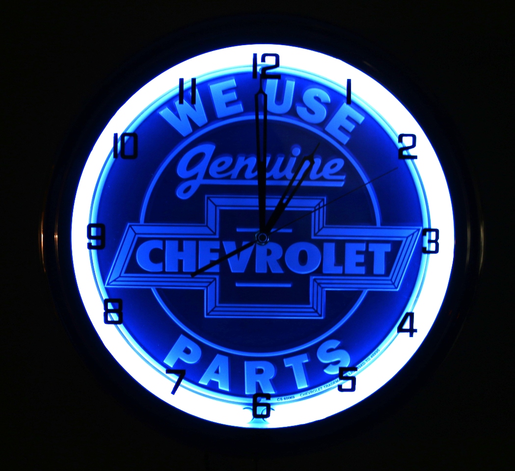 Premium Genuine Chevrolet Parts Blue Neon Clock Chevy Garage Decor V8