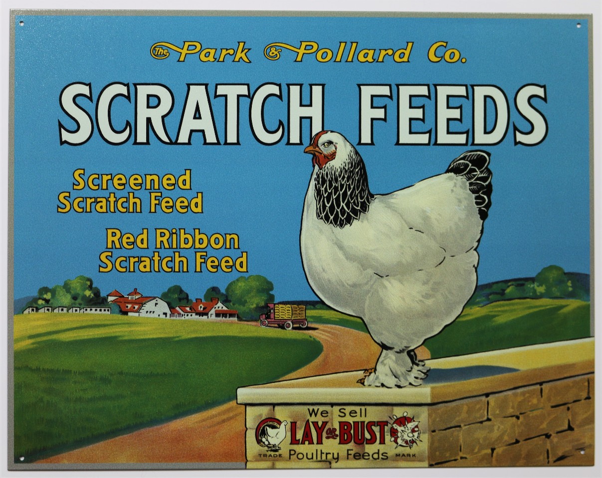 Park and Pollard Scratch Feed Tin Metal Sign Vintage Style AD Chicken