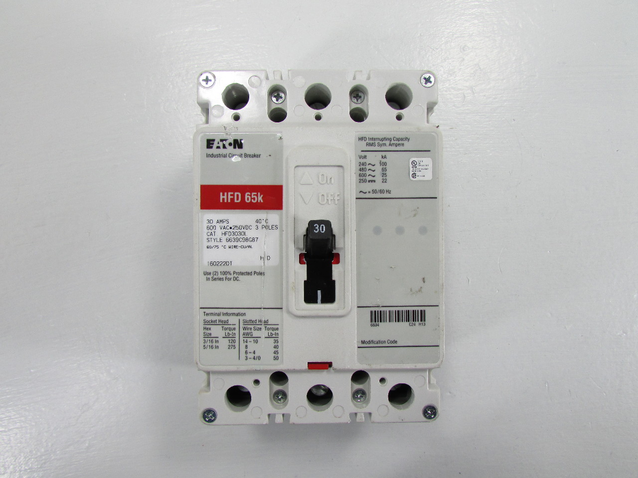 EATON HFD65k CAT HFD3030L INDUSTRIAL CIRCUIT BREAKER 30 AMPS 3 P0LES Premier Equipment
