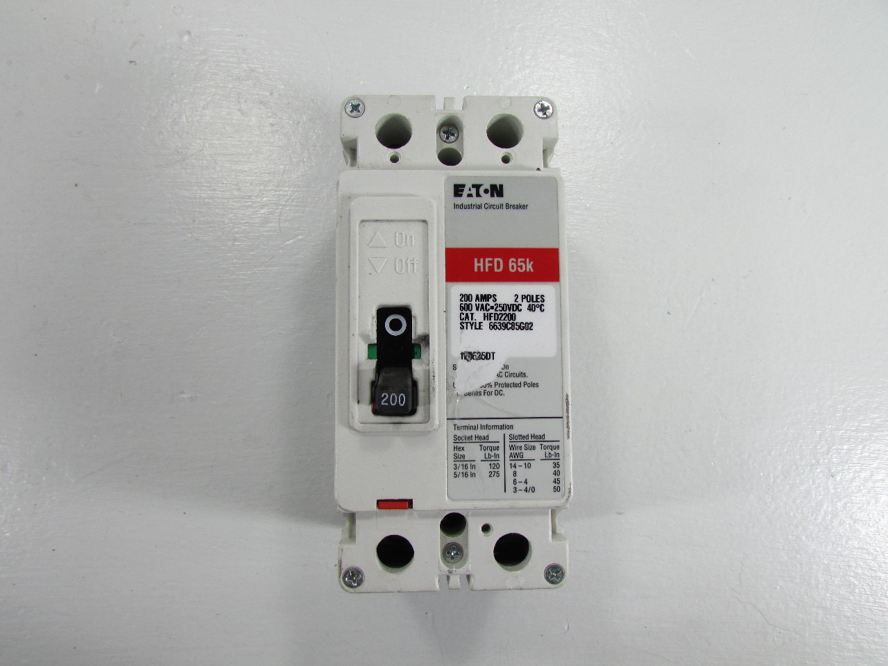 EATON HFD65k CAT HFD2200 INDUSTRIAL CIRCUIT BREAKER 200 AMPS 2 P0LES