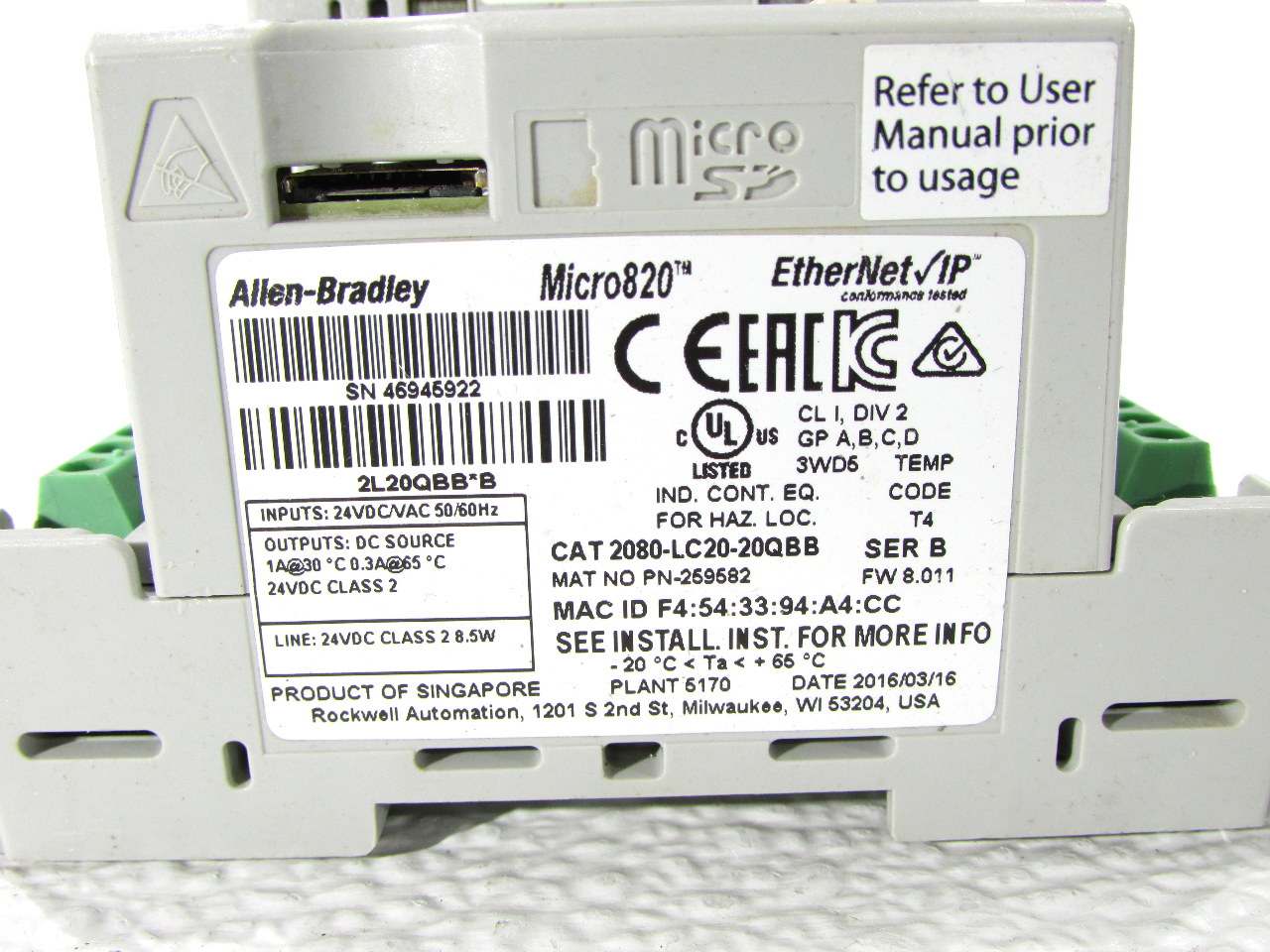 * 2016 ALLEN BRADLEY MICRO820 2080-LC20-20QBB B ITHERNET IP w/ 2080 ...