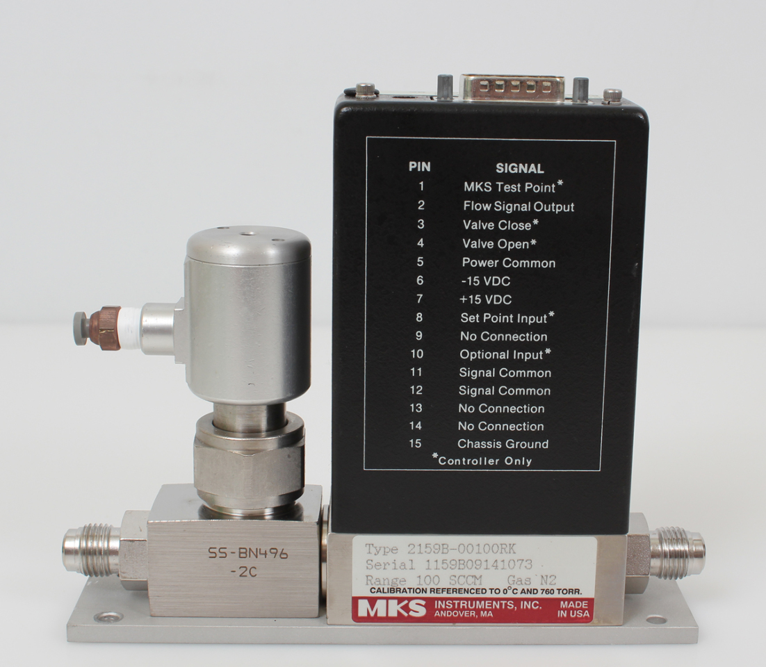MKS Mass Flow Controller with Shutoff Valve N2, 100 SCCM, 2159B