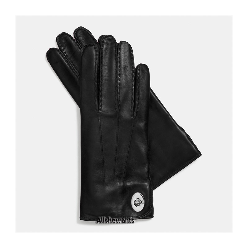 NEW Genuine COACH Gloves for Women Black Leather Turnlock w/100 Wool