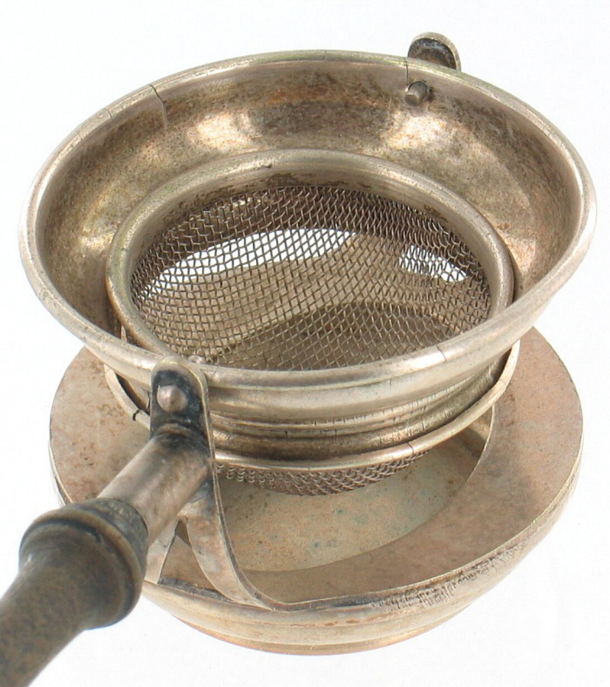 ANTIQUE TEA STRAINER SILVER PLATE 3PC SWIVEL WOODEN HANDLE MARITIME