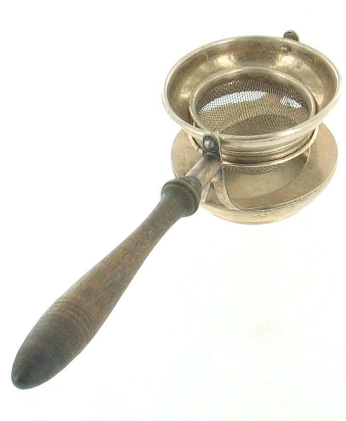 ANTIQUE TEA STRAINER SILVER PLATE 3PC SWIVEL WOODEN HANDLE MARITIME