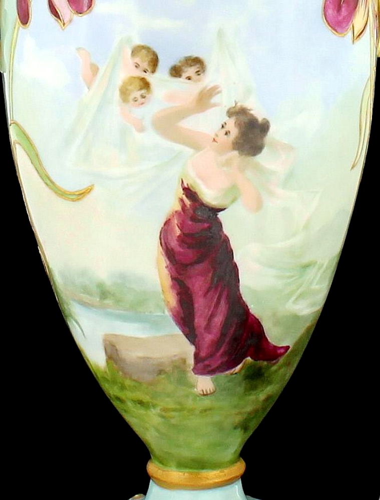 ANTIQUE CAC AMERICAN BELLEEK HAND PAINTED PORTRAIT ANGELS VASES URNS
